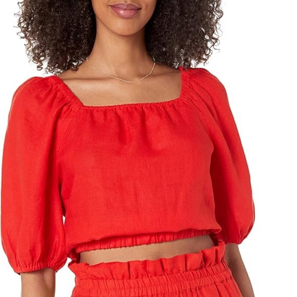 The Drop Size S Red Evelyn Cropped Square-Neck Bubble Top, Exc, Like New Cond.